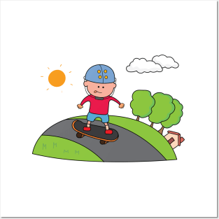 Kids drawing of little boy playing skateboard Posters and Art